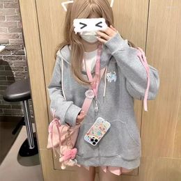 Women's Hoodies Woman Hoodie Grey Cat Bow Tie Ears Plush Y2k Jacket Sweatshirt Cute Autumn And Winter Top Harajuku Women Kpop