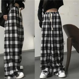 Women's Pants Summer Casual Womens Harajuku Plaid Drawstring Elastic High Waist Trousers N7YF