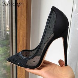 Dress Shoes Tikicup Rhinestones Women Patchwork Black Satin Gauze Pointy Toe High Heel Party Shoes 8cm 10cm 12cm Elegant Stiletto Pumps