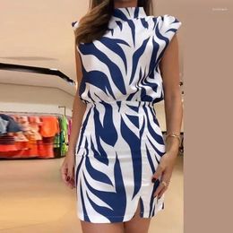 Casual Dresses Women Print Round Neck Sleeveless High Waist Knee Length Slim Fit Backless Splice Party Elegant Short Vestidos