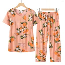 Women's Two Piece Pants Clothes For Cotton Silk Solid Color Floral Printed Short Sleeve Pant Suits Trendy Breathable Panties