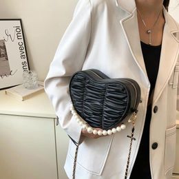 Evening Bags Leisure Female PU Leather Messenger Retro Women Heart Shape Pure Shoulder Small Pearl Chain Crossbody Shopping