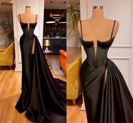 Spaghtti Straps Vintage Black Evening Dresses With Pleats Aso Ebi Women Formal Party Gowns Satin Elegant Sexy Thigh Split Second Reception Birthday Dress CL