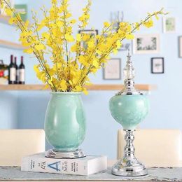 Vases Ice Crack Texture Ceramic Vase Flower Arrangement Pot Metal Base Porcelain Desk Decoration Home