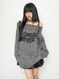 Grunge Y2k Sweater Knitwear Women Japanese Style Gothic Off Shoulder Long Sleeve Ripped Jumper Harajuku Goth Streetwear 240131