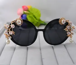 Sunglasses Fashion Rose Flower For Women Round Sun Glasses Mirror Pearl Decoration Eyewear Feminino Brand Designer