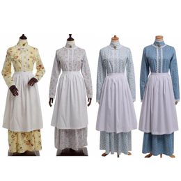 Mardi Gras Costume for Women Vintage French Style Floral Dress Colonial 18th Century Historical Blue Long Sleeve Apron Bonnet Cost273h