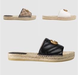 2024 Designer summer platform casual sandals fashion golden letter flat bottom ladies fisherman shoes leather hemp rope grass lace woven large 468