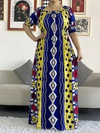 Ethnic Clothing 2024 African Dashiki Cotton Floral Dress Printed Short Sleeve Collect Waist Straight Loose Women With Scarf