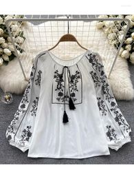 Women's Blouses Women Spring Summer Blouse French Printed Shirt Loose Long Sleeve Design Small Retro Lantern Embroidery Top D2564