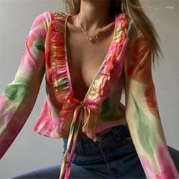 Women's T Shirts Print Long Sleeve Cropped Tops Women Blouses Ruffles V Neck Bandage 2024 Spring Summer Casual Shirt Y2K Top Party Beach
