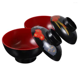 Dinnerware Sets 2 Pcs Bowl Miso Soup Japanese Rice With Lid Ramen Bowls Red Rose Container Abs Plastic Lidded Serving