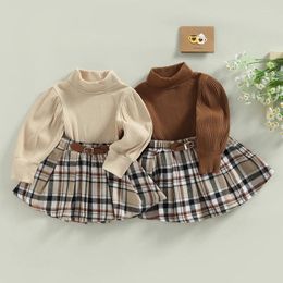 Clothing Sets FOCUSNORM 2pcs Fashion Autumn Kids Girls Clothes 1-6Y Turtleneck Long Sleeve Sweater Tops Plaid Printed Skirts