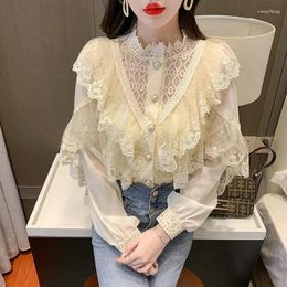 Women's Blouses 2024 Fashion Autumn Summer Lace Stitching Bottoming Long Sleeve Loose Chiffon Shirt Blouse Women Z300