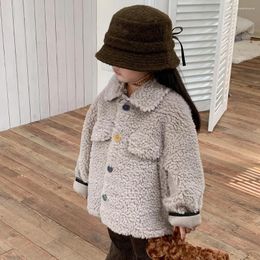 Jackets Children's Clothing 2024 Autumn/Winter Korean Girls' Wool Sweater Western Contrast Button Short Thickened Coat