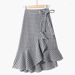 Skirts 2024 Spring Summer Korean Style Tie-Neck Plaid Women High Waist Slimming Flounce Lace Up Irregular Midi Skirt Female