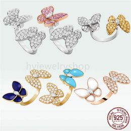 VAC 4 Four Leaf Clover Designer Butterflies band ring with diamond original 925 silver sterlling 18k yellow gold Jewellery Engagemen291T