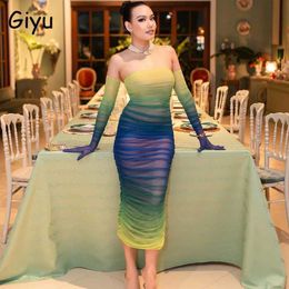 Basic Casual Dresses Giyu Sexy Mesh Long Dress Womens 2023 Summer and Autumn Shoulderless Friction Club Party Dress Elegant Gloves Womens J240130