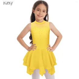 Stage Wear Figure Skating Dress For Girls Ballet Dance Gymnastics Leotard Tutu Sleeveless Rhinestone Mesh Dresses Performance Dancewear