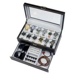 12 Slot PU Leather Lockable Watch Storage Boxes Men Womens Jewelry Display Drawer Case 2-tier Organizer Watch Showcase 240123