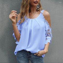 Women's Blouses Blouse For Women 2024 Elegant Off Shoulder Hollow Out Lace Sleeve O-Neck Straps Solid Ladies Tops Fashion Office Female