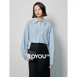 Women's Blouses Toyouth Women Shirts 2024 Spring Long Sleeve Polo Neck Loose Blouse Back Button Design Elegant Advance Apricot Blue Tops