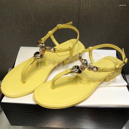 Sandals Real Leather Split Toe Crystal Decor Flip Flops Buckle Strap Lady Summer Chunky Heel Outdoor Holiday Beach Shoes