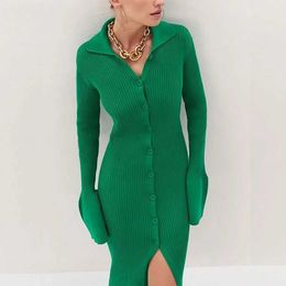 Basic Casual Dresses Y2k Women's Maxi Knitted Sweater Women's Elegant Lapel Midi Split Long sleeved Bodycon Long Skirt 2023 J240130