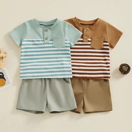 Clothing Sets Toddler Boys Summer Outfits Contrast Colour Stripe Buttons Pocket Short Sleeve T-Shirts Tops And Shorts 2Pcs Clothes Set