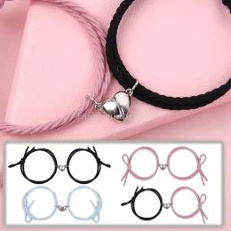 2pcs/pair Adjustable Magnet Couple Bracelets for Lovers Handmade Elastic Rubber Band Love Shape Bracelets