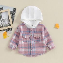 Jackets Boys Autumn Casual Hooded Coat Long Sleeve Button Down Plaid Outerwear With Pockets