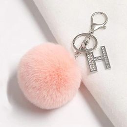 Keychains Fashion Metal Rhinestone Letter With Pink Pom Faux Rabbit Fur Ball For Women Handbag Decoration