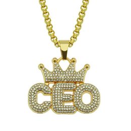 Hip Hop Rhinestones Paved Bling Iced Out Crown CEO Pendants Necklace for Men Rapper Jewellery Drop 190S