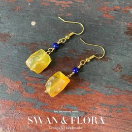 Dangle Earrings Natural Lapis Amber Silver 925 Hanging Original Gemstone Women High Quality Jewelry Design Handmade