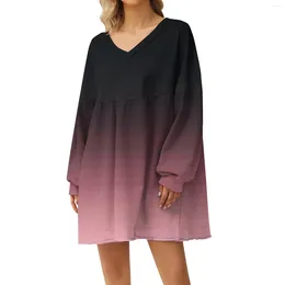 Casual Dresses Women's Fashion Gradient Print Large Sweatshirt V-Neck Long Sleeve Loose Dress Dameskleding Grote Maten Vestidos Largos