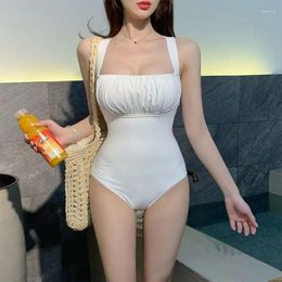 Women's Swimwear Women One Piece Sexy Swimsuit Pure Color White Summer Ladies Bathing Suit Padded Wide Strap Corss Back Monokini 2024