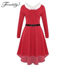 Women Christmas White Faux Fur Trimmings Long Sleeves High-low Hem Red Midi Dress with Belt Mrs Santa Claus Xmas Party Costume273M