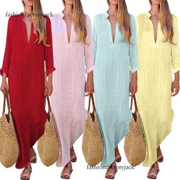 Leinenmode Damen Boho Langes Maxikleid Lady Party Abend Sommer Strand Sommerkleid Damen V-Ausschnitt Langes Kleid