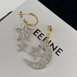 Ohrringe Designer S925 Pentagramm Mondstern Stern Strass Asymmetrisch Ohrring Vintage Letter Frauen Original Fein Schmuck mit Geschenkbox