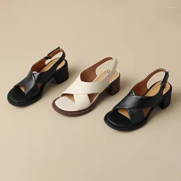 Sandals Women Shoes Genuine Leather Thick Heels High-quality Elegant Black White Summer Fashion Concise LX26