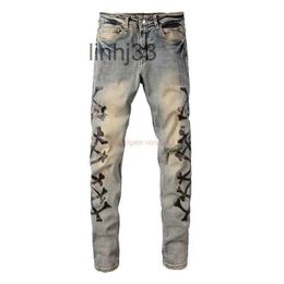 Men's Jeans Designer Clothing Amires Denim Pants Amies High Street Camouflage Bone with Leather Knife Cut Holes Washed Into Old Me1T6M