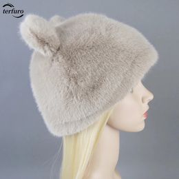 Accessories Winter Russian Girl Boy Windproof Womens Fashion Cap Animal Faux Mink Fur Cute Bear Cat Ear Hat Beanie Hats 240131