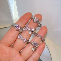 Cluster Rings Pink Crystal Heart Bowknot For Women Girls Y2k Kpop Sweet Cool Open Finger Party Fashion Jewellery Gifts 2024