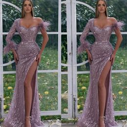 Fashion Mermaid Evening Dresses Off Shoulder Side Split Prom Gowns Feather Sequins Shiny Custom Made Party Dresses Plus Size