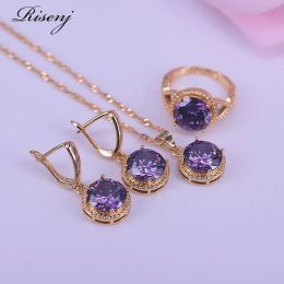 Rings Risenj Many Colours Purple Crystal 18K Gold Jewellery Set For Women Earrings Ring Necklace Set Adjustable ring Bridal Jewellery