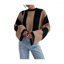 Women's Sweaters 2024 Autumn Round Neck Knit Sweater Ladies Stripe Contrast Flare Sleeves Fashion Small Commuter Outerwear Top