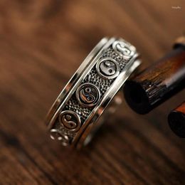 Cluster Rings 925 Thai Silver Retro Ethnic Style Tai Chi Bagua Rotating Mens Exquisite Faced Embossed Design Ring Charm Jewellery