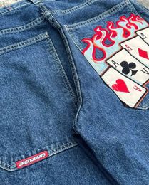 Винтажная уличная одежда Джинсовые брюки Готические хип-хоп Женские брюки Покер с графической вышивкой Мешковатые женские джинсы Y2K Широкие синие брюки 240131