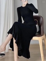 Casual Dresses Autumn Winter Knitted Dress Women Korean Fashion Long Sleeve Sweater Female Elegant Ruffles Mermaid Bodycon