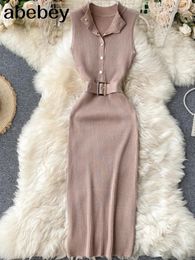 Casual Dresses Dress Knitted Sexy Club Sheath Bodycon Women Solid Sashes Stretch Button Vestidos 2024 Summer Robes 17282